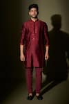 Buy_Kaaj Button X AZA_Maroon Chanderi Silk, Lining Satin Mirror Work Embroidered Kurta Set _at_Aza_Fashions