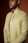 Kaaj Button X AZA_Green Chanderi Silk, Lining Satin Geometric Pattern Bandhgala And Kurta Set _Online_at_Aza_Fashions