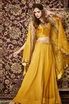 Buy_khushboo bagri_Yellow Chanderi Boat Silk Organza Cape Lehenga Set_at_Aza_Fashions