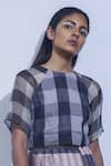 Buy_Urvashi Kaur_Grey Kota Silk Round Checkered Crop Top _at_Aza_Fashions