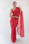 Kapardara_Red Silk Organza Embroidery Thread Border Saree  _Online_at_Aza_Fashions