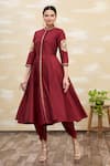 Buy_Samyukta Singhania_Maroon Silk Embroidery Mandarin Collar Kurta And Dhoti Pant Set_at_Aza_Fashions