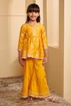 Shop_Mulmul_Yellow 100% Mulmul Pima Satin Jhelum Peplum Kurta And Sharara Set _at_Aza_Fashions