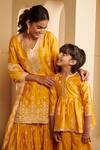 Buy_Mulmul_Yellow 100% Mulmul Pima Satin Jhelum Peplum Kurta And Sharara Set _Online_at_Aza_Fashions