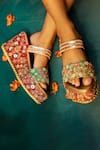 Kanyaadhan by DhirajAayushi_Green Genuine Leather Floral Embroidered Wedges_at_Aza_Fashions