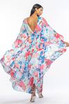 Shop_Mandira Wirk Resort_Blue Chiffon Tropical Print V Neck Kaftan With Belt _at_Aza_Fashions
