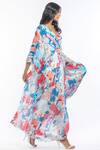 Mandira Wirk Resort_Blue Chiffon Tropical Print V Neck Kaftan With Belt _Online_at_Aza_Fashions