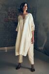 Buy_Shorshe Clothing_White Silk Embroidered Notched Kaftan Kurta And Chanderi Pant Set _at_Aza_Fashions