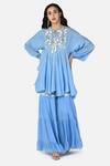 Buy_Keith Gomes_Blue Georgette, Chinon Notched Embroidered Tunic And Palazzo Set _at_Aza_Fashions