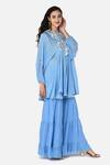 Keith Gomes_Blue Georgette, Chinon Notched Embroidered Tunic And Palazzo Set _Online_at_Aza_Fashions