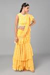 Keith Gomes_Yellow Georgette Beads And Thread, Floral Print Round Pre-draped Saree With Blouse _Online_at_Aza_Fashions
