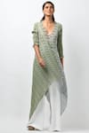 Buy_Kiran Uttam Ghosh_Green Pleated Polyester Mix V Neck Asymmetric Jacket _Online_at_Aza_Fashions