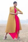 Buy_Kiran Uttam Ghosh_Yellow Pleated Polyester Long Jacket  _at_Aza_Fashions