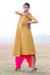 Kiran Uttam Ghosh_Yellow Pleated Polyester Long Jacket  _Online_at_Aza_Fashions