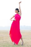 Buy_Kiran Uttam Ghosh_Pink Pleated Polyester Asymmetric One Shoulder Gown  _at_Aza_Fashions