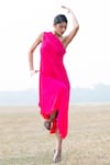 Shop_Kiran Uttam Ghosh_Pink Pleated Polyester Asymmetric One Shoulder Gown  _at_Aza_Fashions