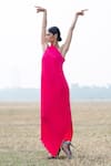 Kiran Uttam Ghosh_Pink Pleated Polyester Asymmetric One Shoulder Gown  _Online_at_Aza_Fashions