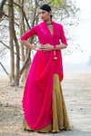 Buy_Kiran Uttam Ghosh_Pink Polyester V Neck Pleated Asymmetric Wrap Tunic  _at_Aza_Fashions