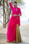 Kiran Uttam Ghosh_Pink Polyester V Neck Pleated Asymmetric Wrap Tunic  _Online_at_Aza_Fashions