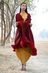 Buy_Kiran Uttam Ghosh_Maroon Pleated Polyester Long Jacket  _at_Aza_Fashions