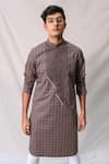 Kaha_Brown Italian Cotton Panelled Checkered Kurta _Online_at_Aza_Fashions