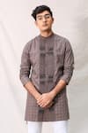 Kaha_Brown Italian Cotton Pintuck Checkered Kurta  _Online_at_Aza_Fashions