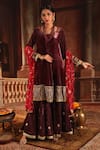 Ruh Clothing_Maroon Kurta And Gharara Velvet Dupatta Georgette Set _Online_at_Aza_Fashions