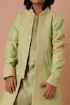 Rar studio - Kids_Green Chanderi Handloom( 50% Silk Embroidery Dori Sherwani Set  _at_Aza_Fashions