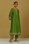 Ikshita Choudhary Green Chanderi Silk Floral V Neck Kurta And Pant Set Online at Aza Fashions Ikshita Choudhary_Green Chanderi Silk Floral V Neck Kurta And Pant Set_Online_at_Aza_Fashions