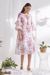 Buy_Pankaj & Nidhi_White Cotton Silk Floral Print A-line Dress_at_Aza_Fashions