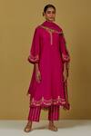 Buy_Ikshita Choudhary_Magenta Tissue Organza Fringe Border Dupatta_at_Aza_Fashions
