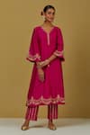 Buy_Ikshita Choudhary_Magenta Chanderi Silk Embroidered Floral V Neck Kurta And Pant Set For Women_at_Aza_Fashions