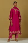 Buy_Ikshita Choudhary_Magenta Chanderi Silk Embroidered Floral V Neck Kurta And Pant Set For Women_Online_at_Aza_Fashions