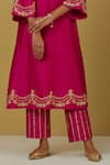 Shop_Ikshita Choudhary_Magenta Chanderi Silk Embroidered Floral V Neck Kurta Pant Set For Women_Online_at_Aza_Fashions
