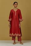 Buy Ikshita Choudhary Red Chanderi Silk, Tissue Organza Floral V Neck Kurta Pant Set Online at Aza Fashions Buy_Ikshita Choudhary_Red Chanderi Silk, Tissue Organza Floral V Neck Kurta Pant Set_Online_at_Aza_Fashions