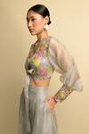 Karishma Khanduja Bareilly_Grey Organza Embroidery V Neck Crop Top And Palazzo Set _Online_at_Aza_Fashions