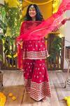 Shop_Gopi Vaid_Red Dupatta - Net, Gharara - , Kurta- Embroidered Peplum Set_at_Aza_Fashions