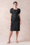 Buy_Thetaa_Black Polyester Solid Square Neck Puff Sleeve Midi Dress _Online_at_Aza_Fashions