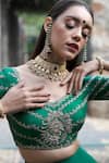 Shop_Keerthi Kadire_Green Raw Silk, Crepe V Neck Blouse And Lehenga Set _at_Aza_Fashions