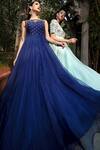 Shop_Keerthi Kadire_Blue Raw Silk, Organza Boat Flared Gown _at_Aza_Fashions