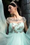 Shop_Keerthi Kadire_Blue Raw Silk, Organza Boat Embroidered Gown _at_Aza_Fashions