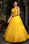 Buy_Keerthi Kadire_Yellow Raw Silk Boat Flared Gown _at_Aza_Fashions