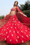 Buy_Keerthi Kadire_Red Raw Silk, Organza Scoop Neck Embroidered Bridal Lehenga Set _at_Aza_Fashions