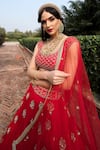 Shop_Keerthi Kadire_Red Raw Silk, Organza Scoop Neck Embroidered Bridal Lehenga Set _at_Aza_Fashions