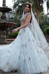 Buy_Keerthi Kadire_Blue Raw Silk, Organza V Neck Embroidered Lehenga Set _at_Aza_Fashions