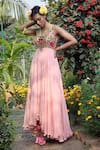 Buy_Keerthi Kadire_Peach Embroidery V Neck Asymmetric Gown _at_Aza_Fashions