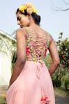 Keerthi Kadire_Peach Embroidery V Neck Asymmetric Gown _at_Aza_Fashions