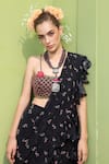 Keerthi Kadire_Black Raw Silk Embroidery Square Pre-draped Ruffle Saree With Blouse _at_Aza_Fashions