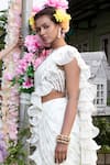 Buy_Keerthi Kadire_White Raw Silk Embroidery Round Pre-draped Ruffle Saree With Blouse _Online_at_Aza_Fashions