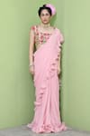 Buy_Keerthi Kadire_Peach Raw Silk Embroidery Square Neck Ruffle Saree With Blouse _at_Aza_Fashions